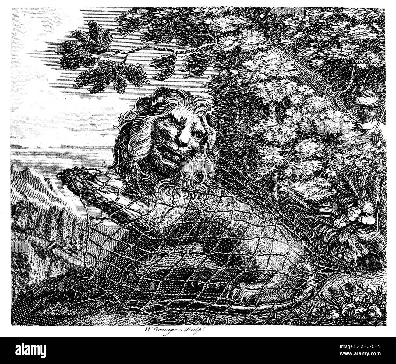 Illustration gravée du lion et de la souris, histoire de dépendance mutuelle, quelle que soit sa taille, tirée de la première édition de 1793 de l’Aesop’s Fable de Stockdale Banque D'Images