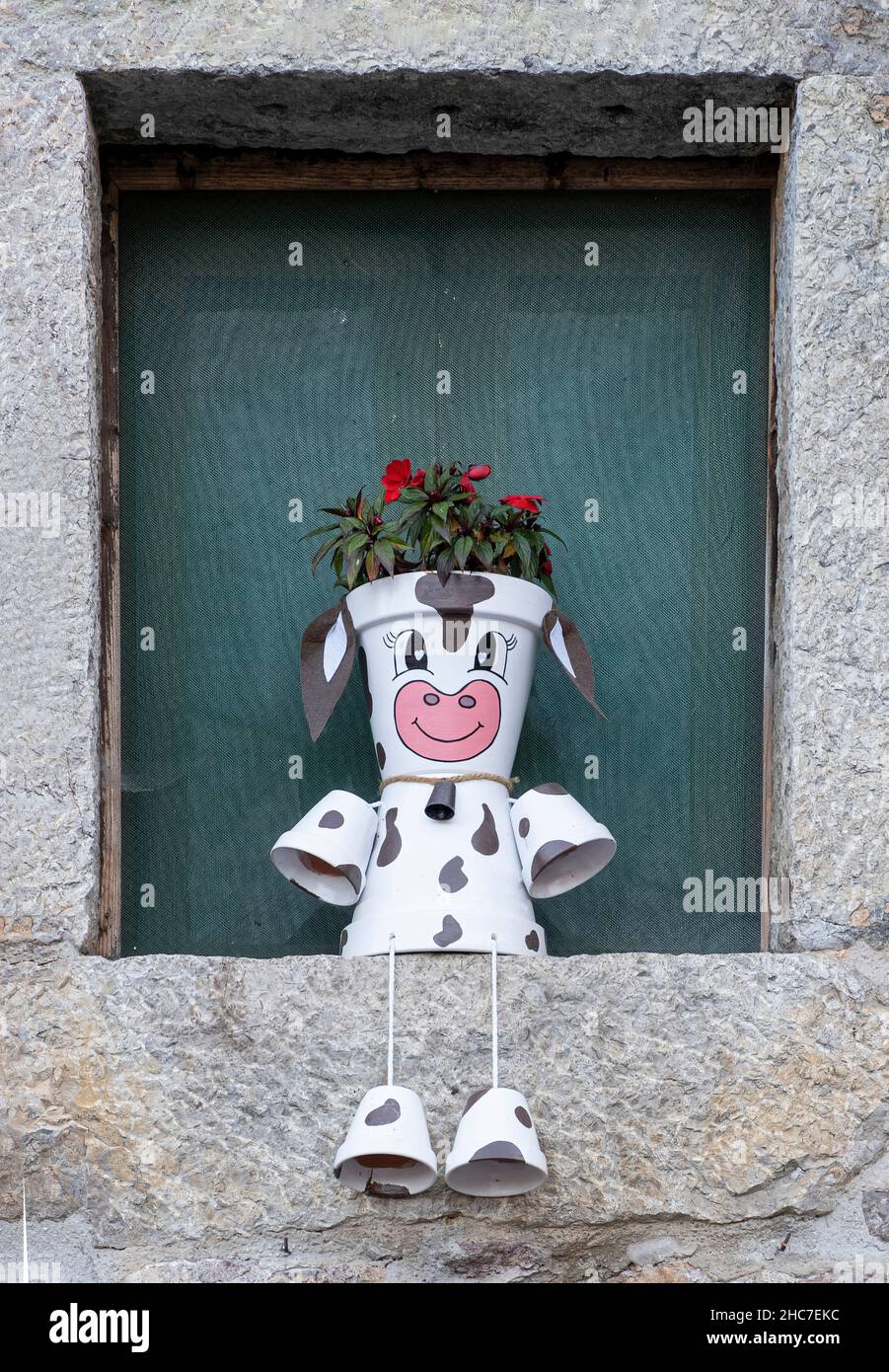 une jolie vache à lait faite de pots de fleurs avec des fleurs rouges dans la tête, assis sur le seuil de la fenêtre d'une maison rurale en pierre, verticale Banque D'Images