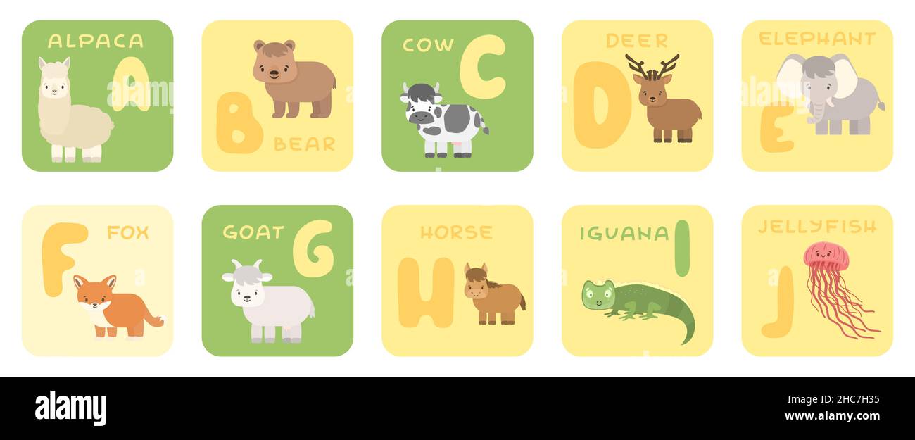 Cartes d'éducation isolées à l'alphabet A-J du zoo avec animaux de dessin animé.Alpaga ours vache cerf éléphant renard chèvre cheval iguana méduse, plat, Illustration de Vecteur
