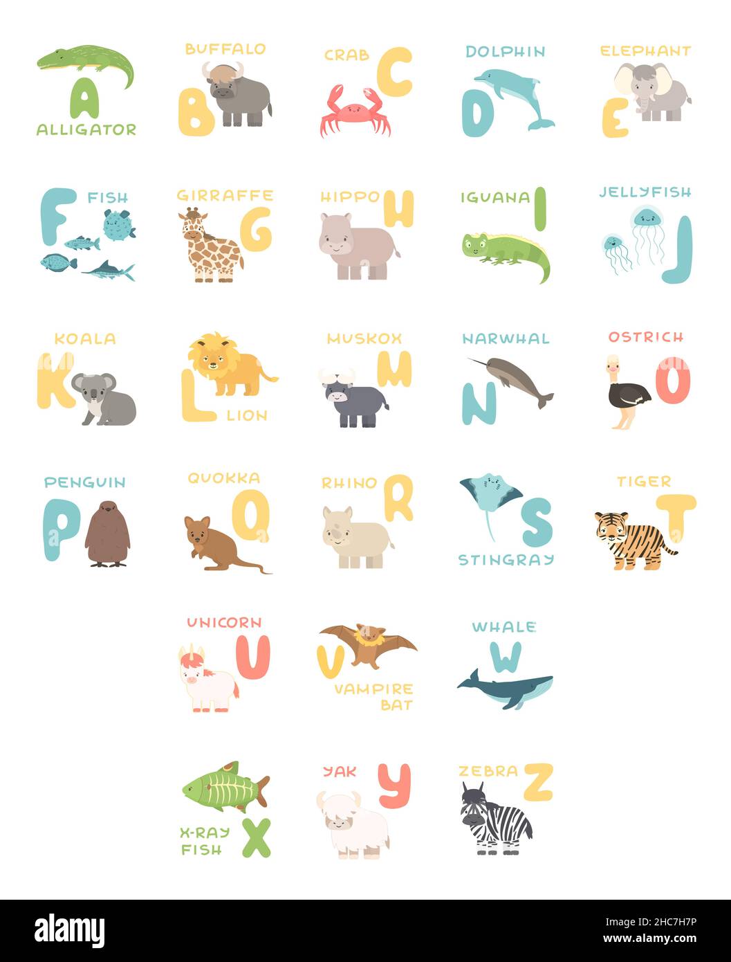 Affiche à l'alphabet avec animaux de dessin animé.Illustrations vectorielles du zoo Alligator Buffalo crabe dauphin poisson girafe hippo koala lion Muskox ostrich PEN Illustration de Vecteur