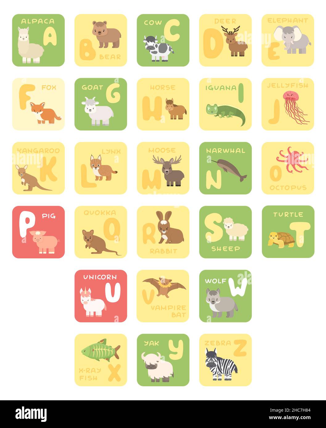 Cartes éducatives vectorielles isolées A-Z zoo alphabet caricatures animaux.Alpaga, ours chevreuil éléphant renard chèvre cheval iguana jellyfish kangourou lynx orignaux o Illustration de Vecteur