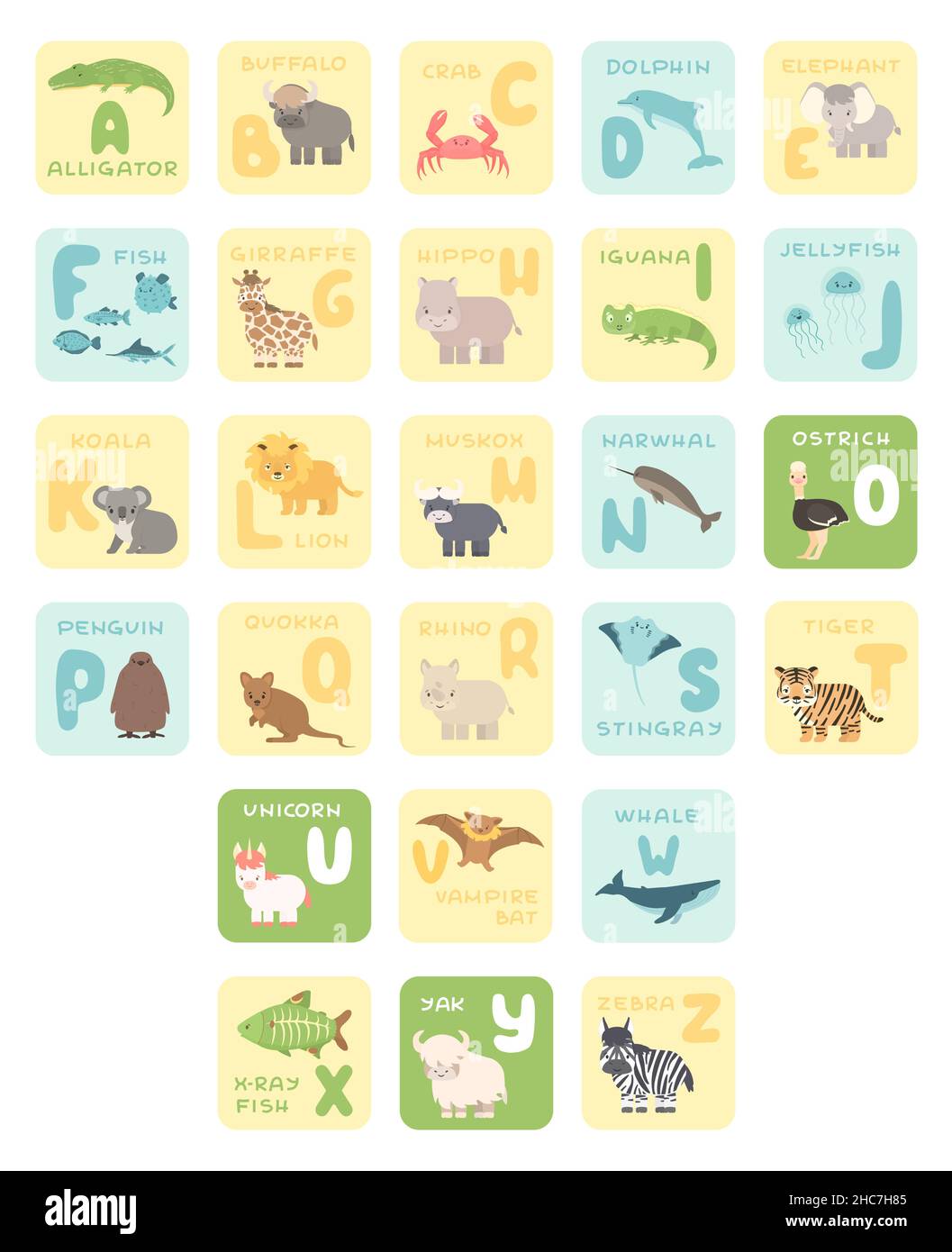 Cartes de l'alphabet De A à Z mignons avec des animaux de dessin animé.Illustrations du zoo vectoriel.Alligator, buffle, crabe, dauphin, poisson,Girafe hippo, koala lion Muskox ostr Illustration de Vecteur