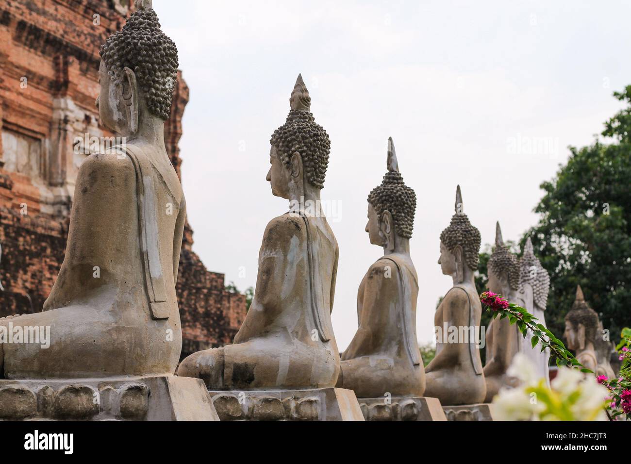 Des rangées de statues de Bouddha à Wat Mahathe dans le célèbre parc historique d'Ayutthaya en Thaïlande Banque D'Images