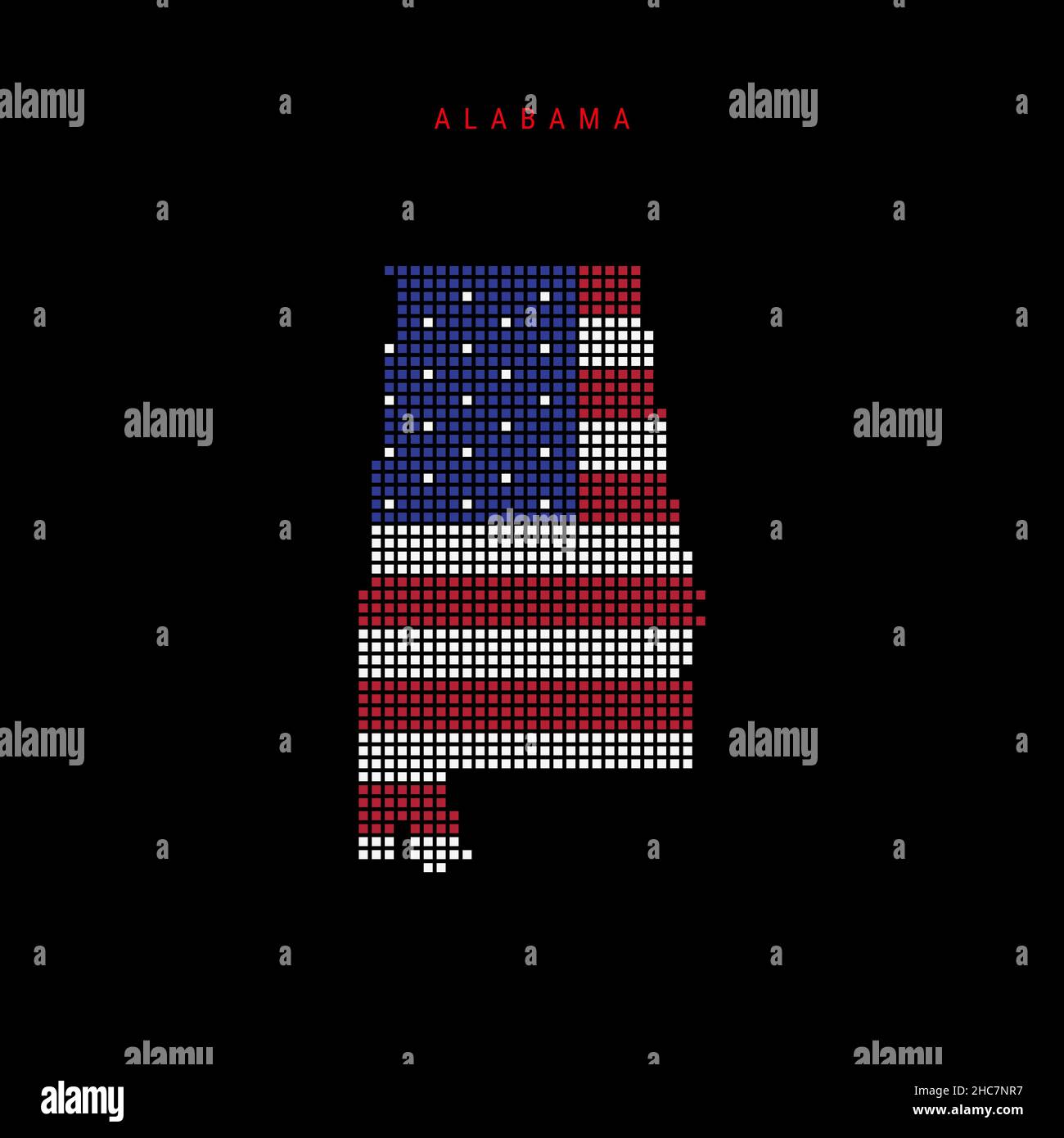 Carte à motif points carrés de l'Alabama.Carte de pixels en pointillés avec couleurs de drapeau national américain isolées sur fond noir.Illustration vectorielle. Illustration de Vecteur