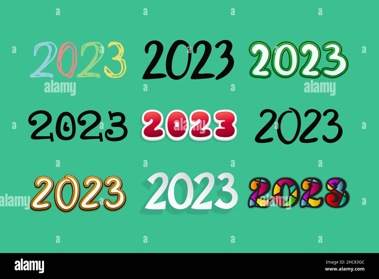 Grand ensemble de chiffres multicolores 2023 sur fond vert.Différentes couleurs et styles modernes, pour la conception de calendriers et de planificateurs. Illustration de Vecteur
