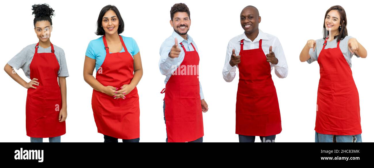 Serveurs et serveuses et commis - Groupe de magnifiques travailleurs latino-américains, africains et caucasiens isolés sur fond blanc pour découper Banque D'Images