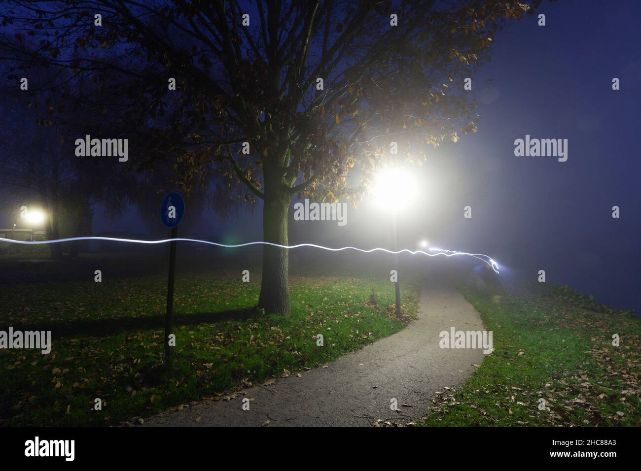 Sentiers lumineux, causés par une personne marchant sur un chemin le long de la rivière Weser, dans le noir dans le brouillard, avec un phare sur, Basse-Saxe, Allemagne Banque D'Images