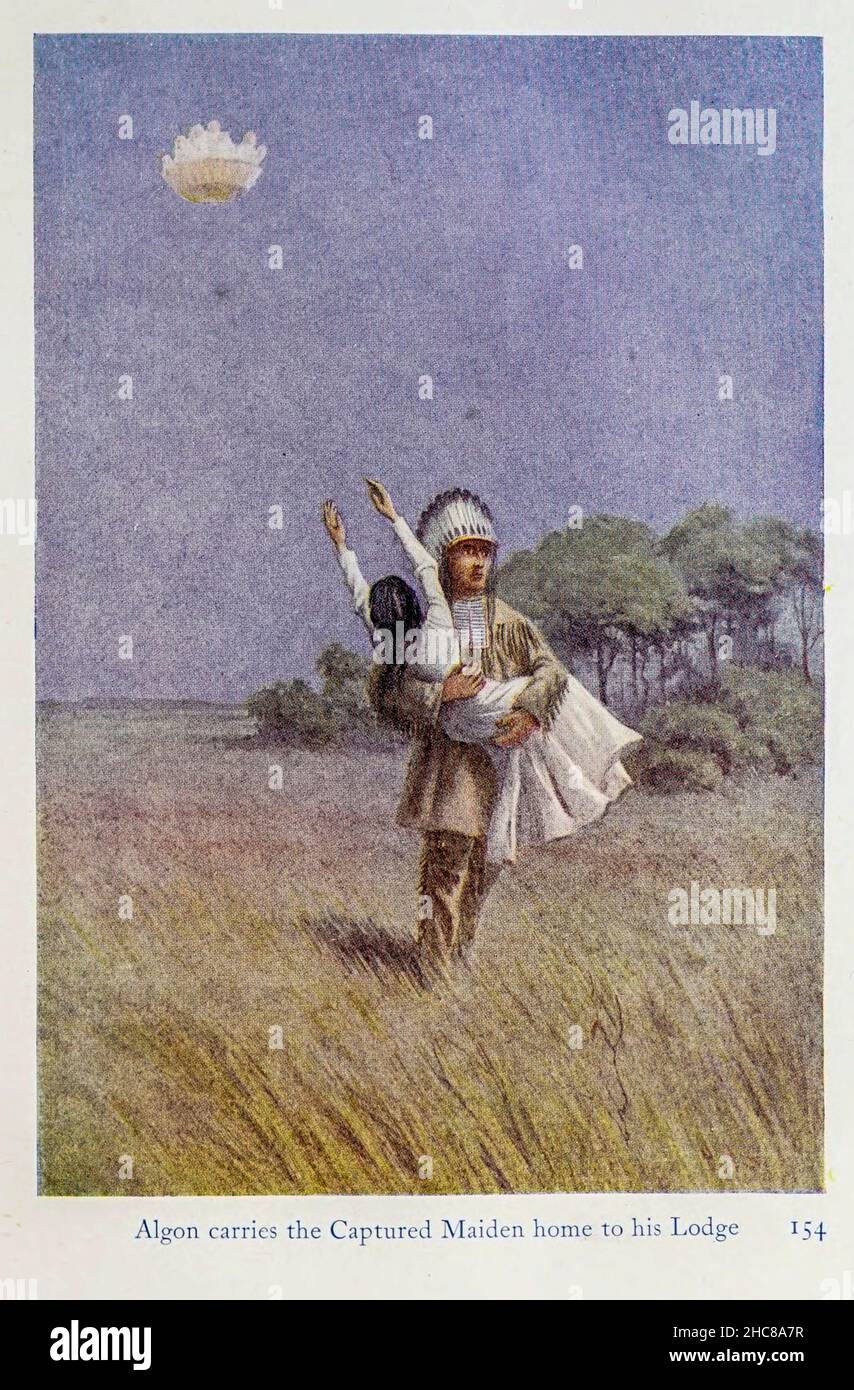 Algon porte la maison de jeune fille capturée dans son Lodge à partir du livre « les mythes des Indiens d'Amérique du Nord » de Lewis Spence, publié à Londres par George G. Harrap & Company en 1912 Banque D'Images