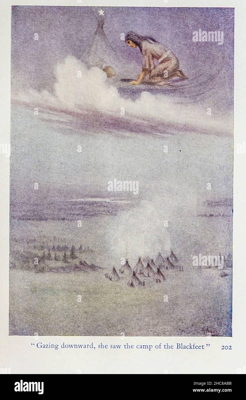 En regardant vers le bas, elle a vu le camp des pieds-Noirs du livre « les mythes des Indiens d'Amérique du Nord » de Lewis Spence, publié à Londres par George G. Harrap & Company en 1912 Banque D'Images
