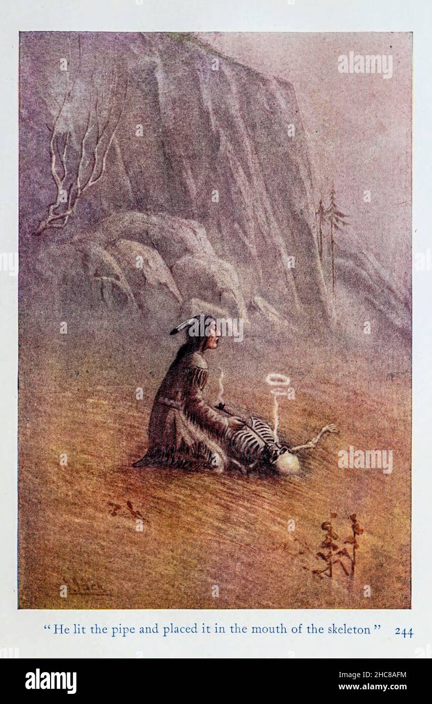 Il a allumé le tuyau et l'a placé dans la bouche du squelette du livre « les mythes des Indiens d'Amérique du Nord » de Lewis Spence, publié à Londres par George G. Harrap & Company en 1912 Banque D'Images