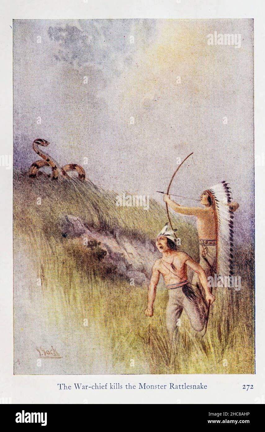 Le chef de guerre tue le monstre Rattlesnake d'après le livre « les mythes des Indiens d'Amérique du Nord » de Lewis Spence, publié à Londres par George G. Harrap & Company en 1912 Banque D'Images