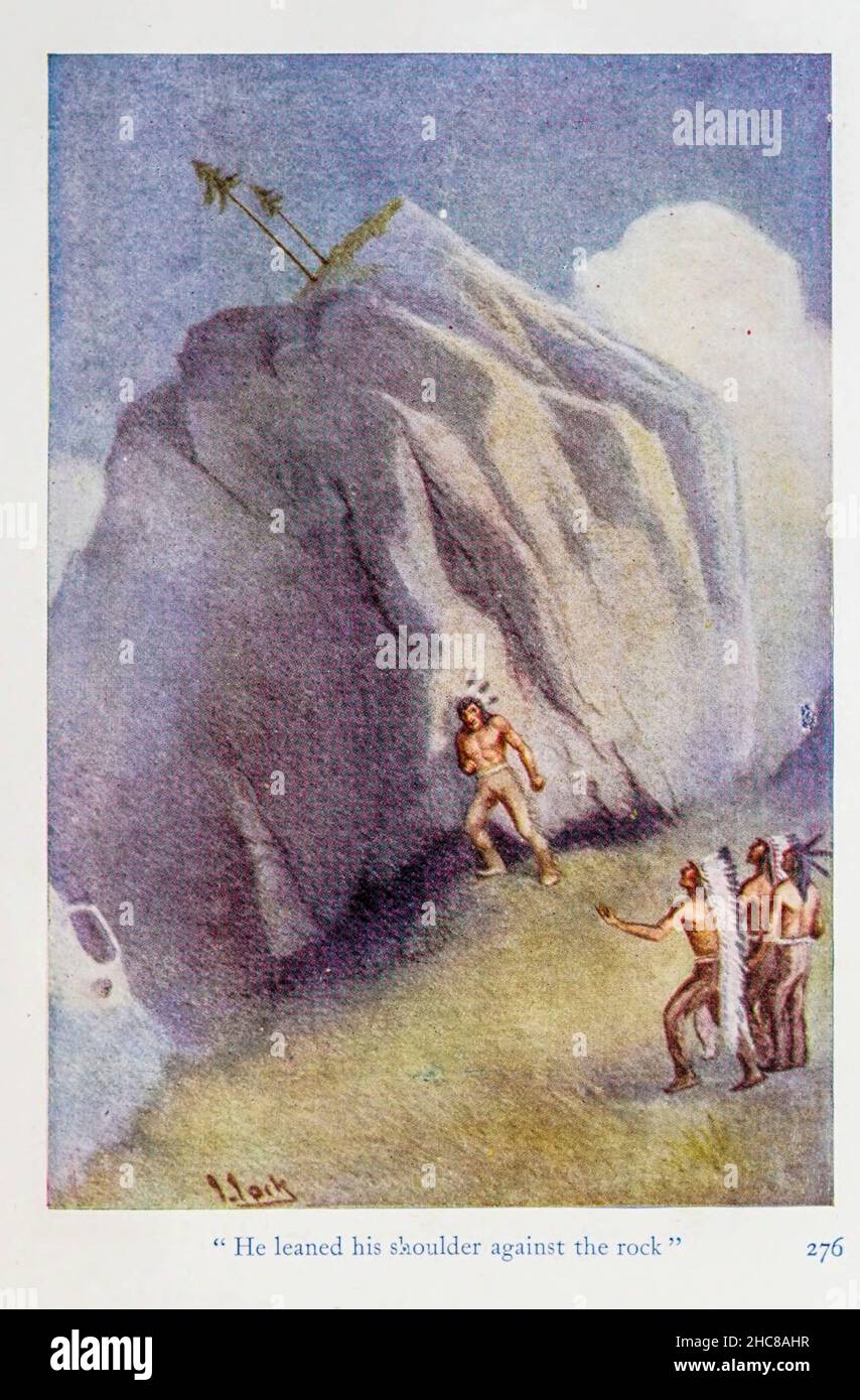 Il pencha son épaule contre le rocher du livre « les mythes des Indiens d'Amérique du Nord » de Lewis Spence, publié à Londres par George G. Harrap & Company en 1912 Banque D'Images