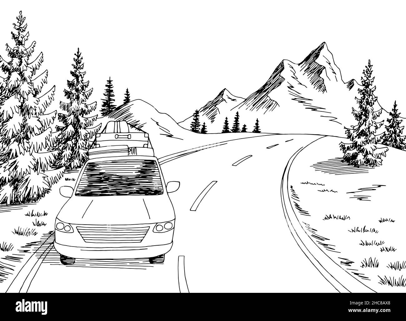 Voiture voyage route graphique noir blanc paysage dessin vecteur d'illustration Illustration de Vecteur