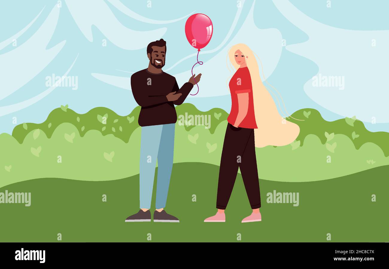 Bon jeune couple.L'homme tient un ballon. Illustration de Vecteur