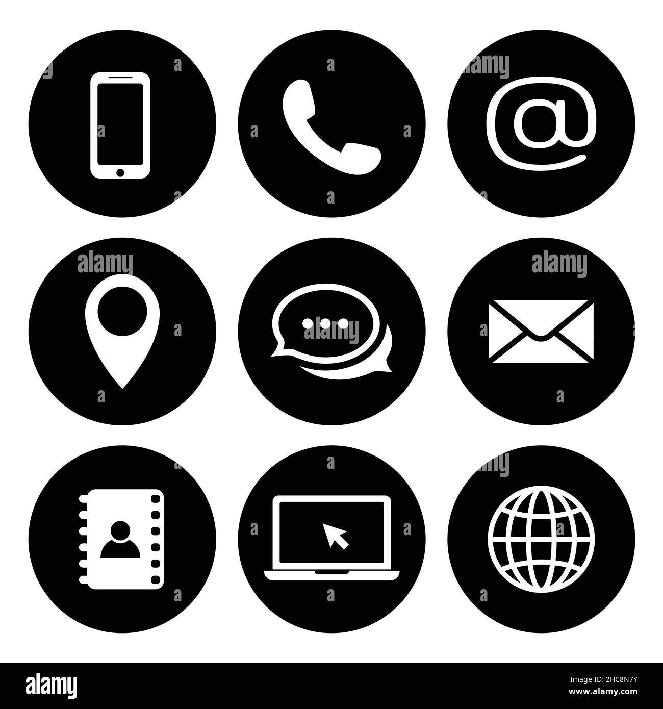Contactez-nous icônes en cercles.Les symboles téléphone, téléphone mobile, téléphone rétro, emplacement, courrier et site Web sont en noir et blanc.Icône de contact simple définie à plat Illustration de Vecteur