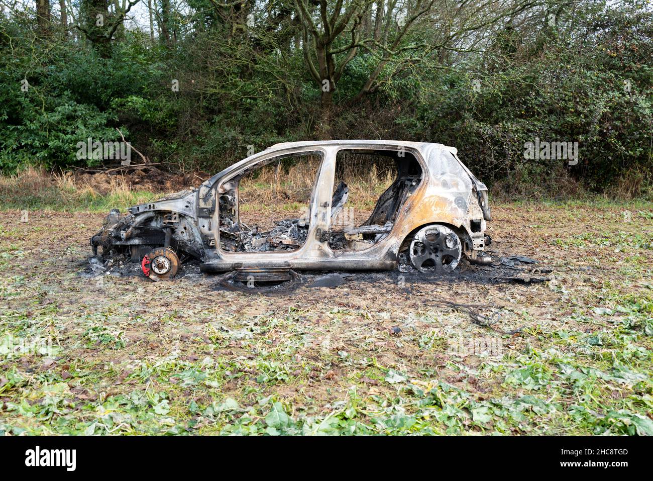 Voiture Volkswagen Golf GTI brûlée à Field Banque D'Images