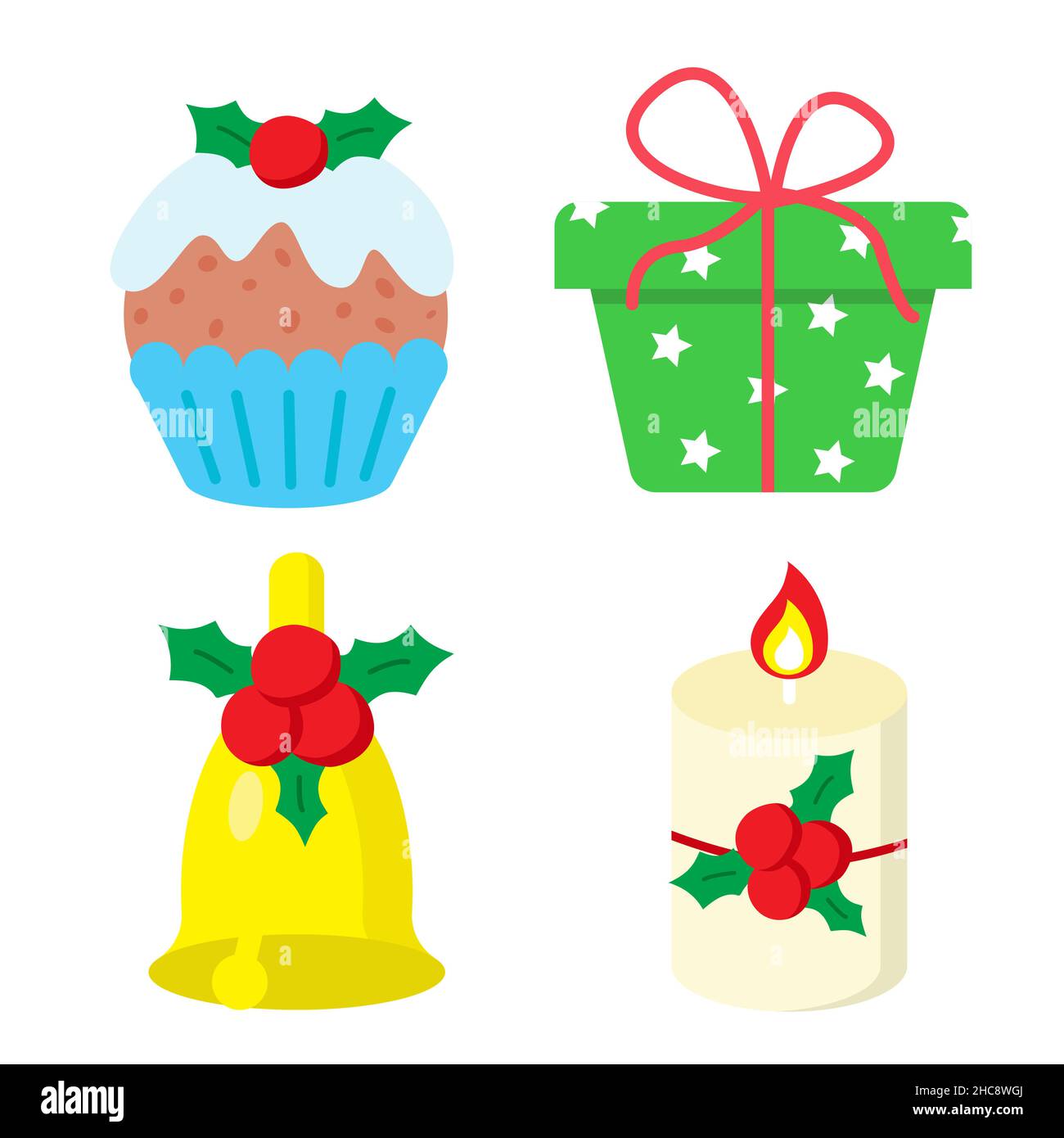 Ensemble d'éléments de vacances d'hiver.Joyeux Noël et bonne fête du nouvel an.Boîte cadeau, cloche de jingle, bougie avec décor aux baies houx et traditionnel Illustration de Vecteur