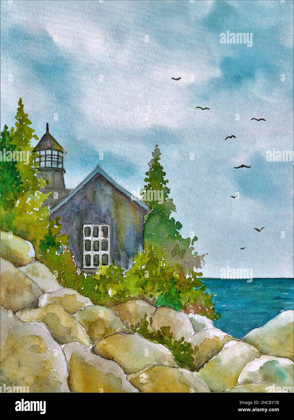Aquarelle.Une maison sur les falaises, un phare et des arbres. Banque D'Images