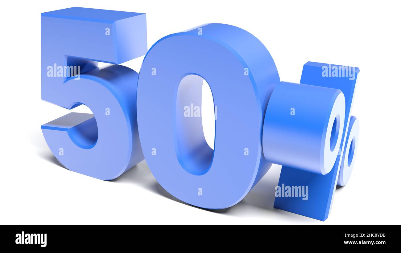 Bannière bleue de 50 % sur fond blanc - illustration de rendu 3D Banque D'Images