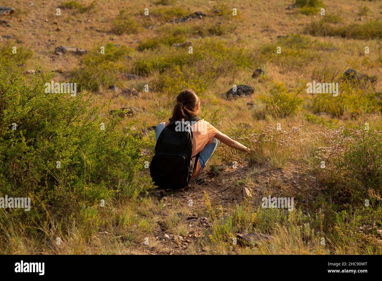Une fille dans un champ d'été collecte des fleurs.Le concept de divertissement d'été. Banque D'Images