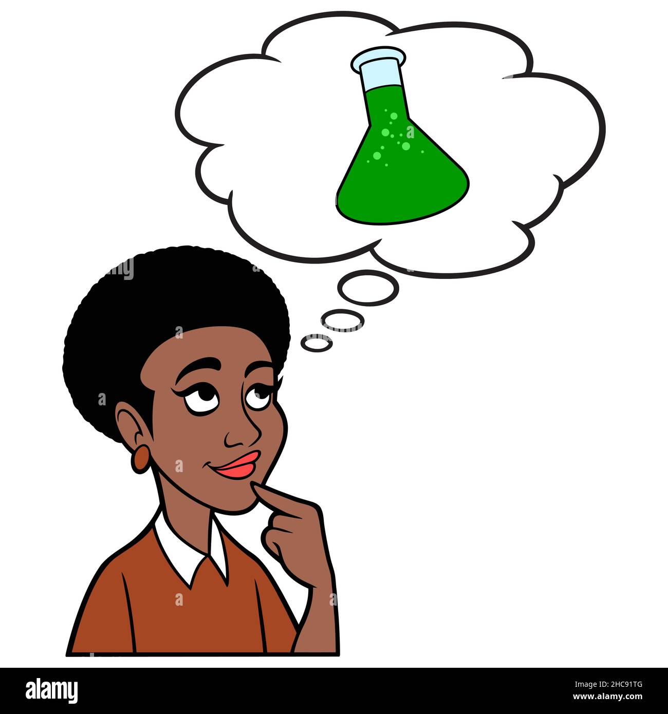 Femme noire pensant à une classe de chimie - Une illustration de dessin animé d'une femme noire pensant à une classe de chimie scolaire. Illustration de Vecteur