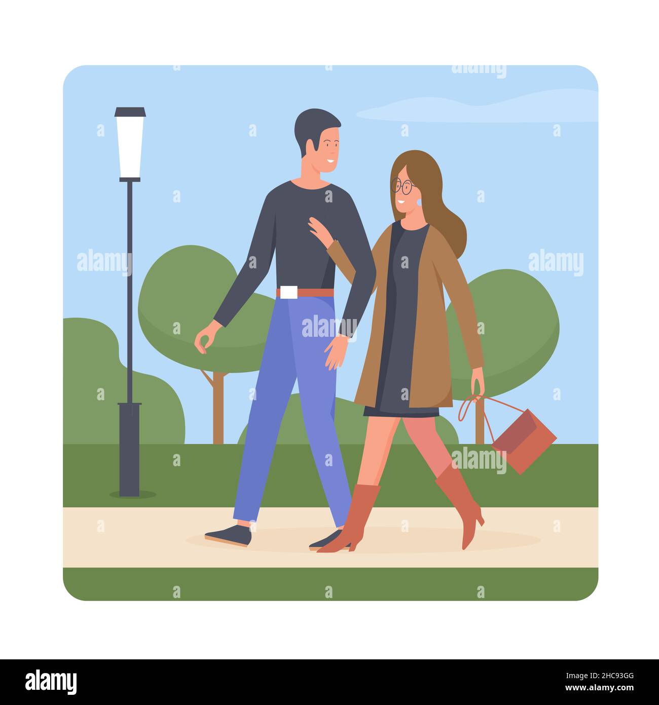 Charmant couple heureux marchant à l'extérieur et parlant.Relation romantique beau moment dessin animé illustration vectorielle Illustration de Vecteur