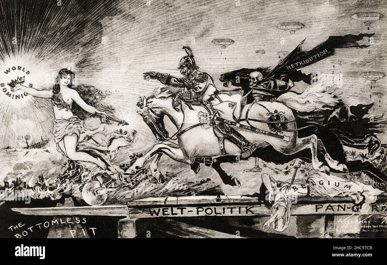 Cette illustration de 1923 osowsf Rudolf Henneberg peinture 'Lure of Pan Germanism.'Le mouvement panallemand s’était fusionné en 1890s parmi les critiques allemands de la timidité impériale, et il avait gagné une influence substantielle à la veille de la première Guerre mondiale. Il a notamment encouragé l’unification de tous les Allemands ethniques, indépendamment des frontières existantes de l’État.Réduction de l'influence culturelle 'non-allemande' (slav, catholique, juive); et création de 'lebensraum' pour l'Allemagne par annexion coloniale.Rudolf Henneberg est un peintre allemand (1826-1876). Banque D'Images