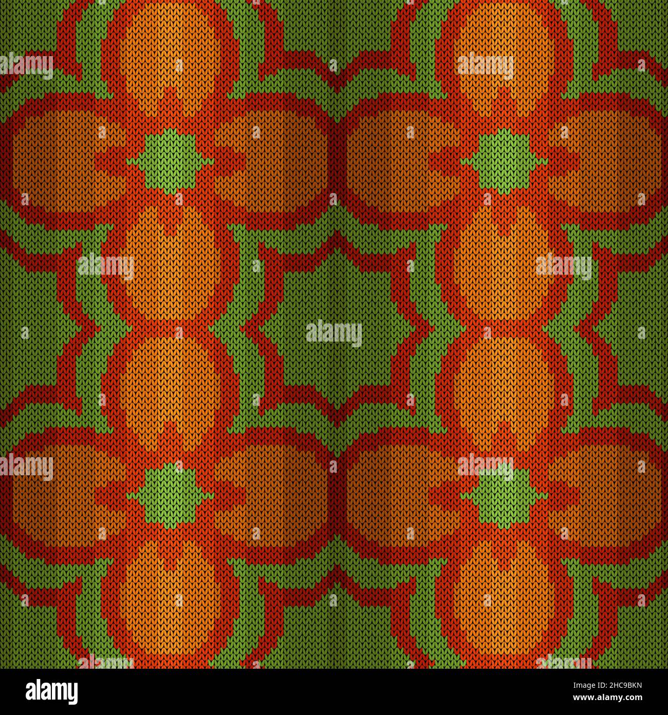 Tricoter un motif vectoriel sans couture avec des fleurs dans des teintes de vert et d'orange comme texture de tissu Illustration de Vecteur
