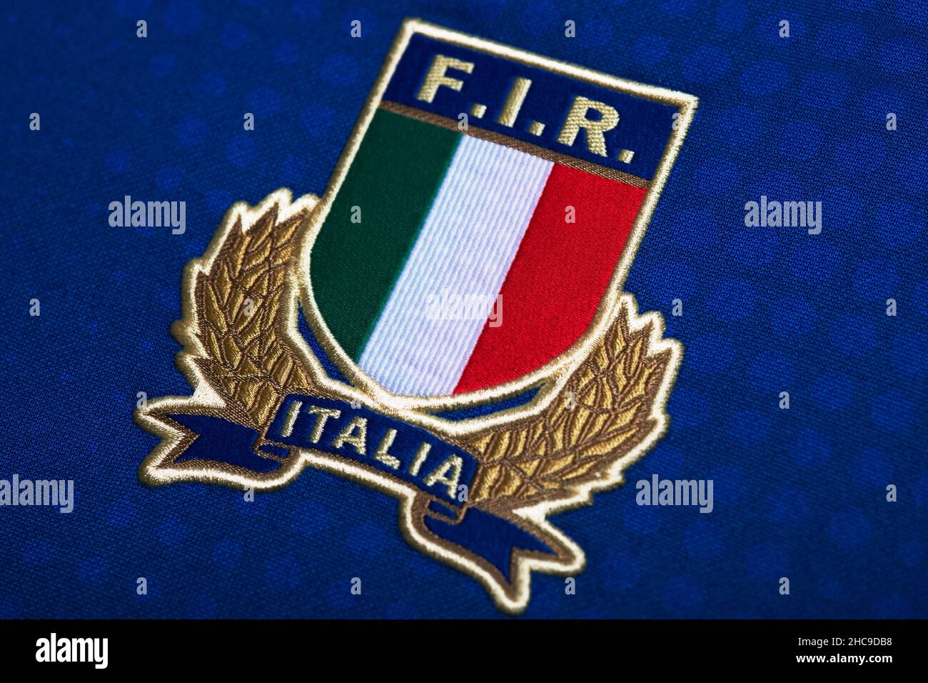 Gros plan sur le maillot de l'équipe nationale de rugby italienne Banque D'Images
