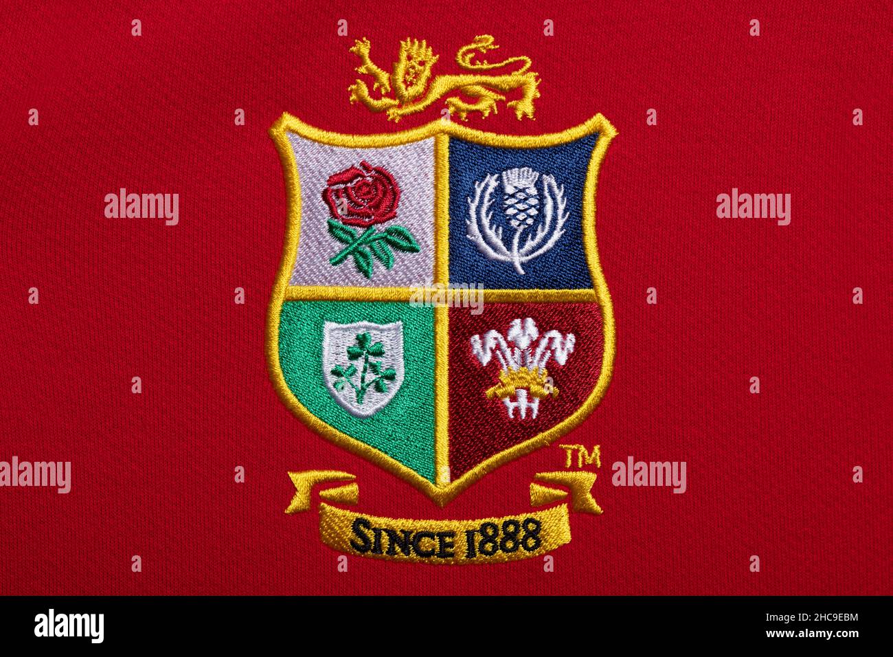 Gros plan sur le maillot de l'équipe de rugby des Lions britanniques et irlandais Banque D'Images