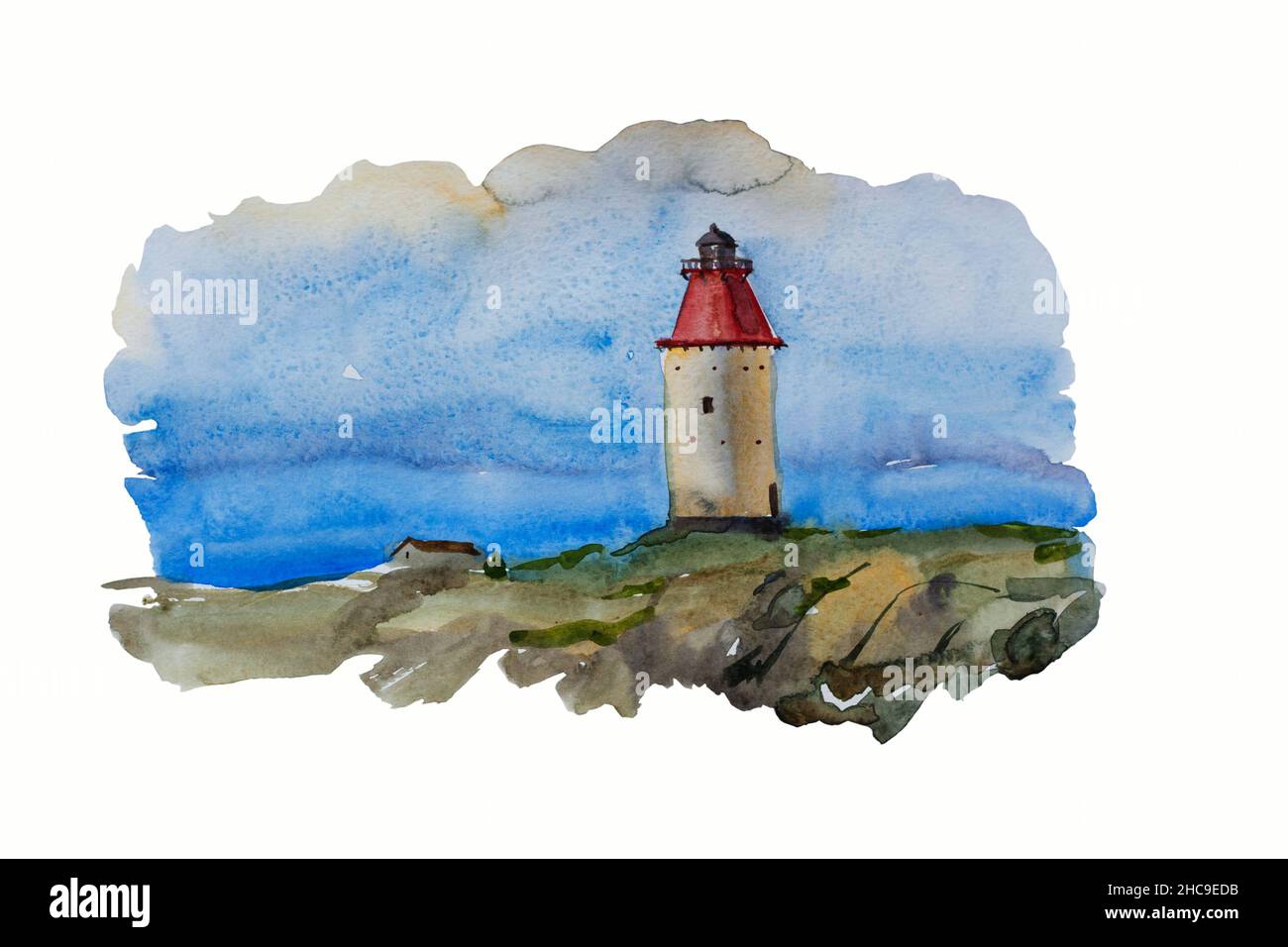 Paysage d'aquarelle avec phare de mode ancien sur le rocher de bord de mer, élément isolé sur fond blanc Banque D'Images
