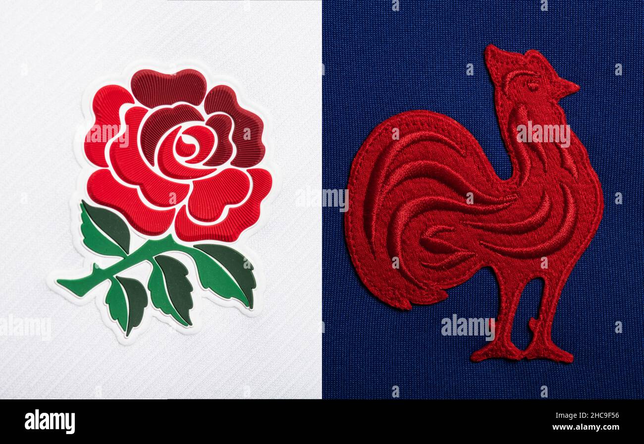 Gros plan sur le maillot de rugby de l'Angleterre et de la France Banque D'Images