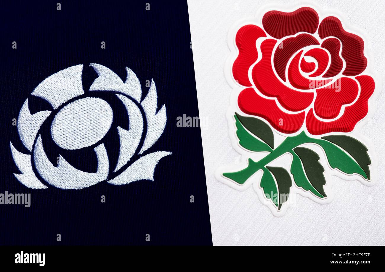 Gros plan sur le maillot de rugby de l'Angleterre et de l'Écosse Banque D'Images