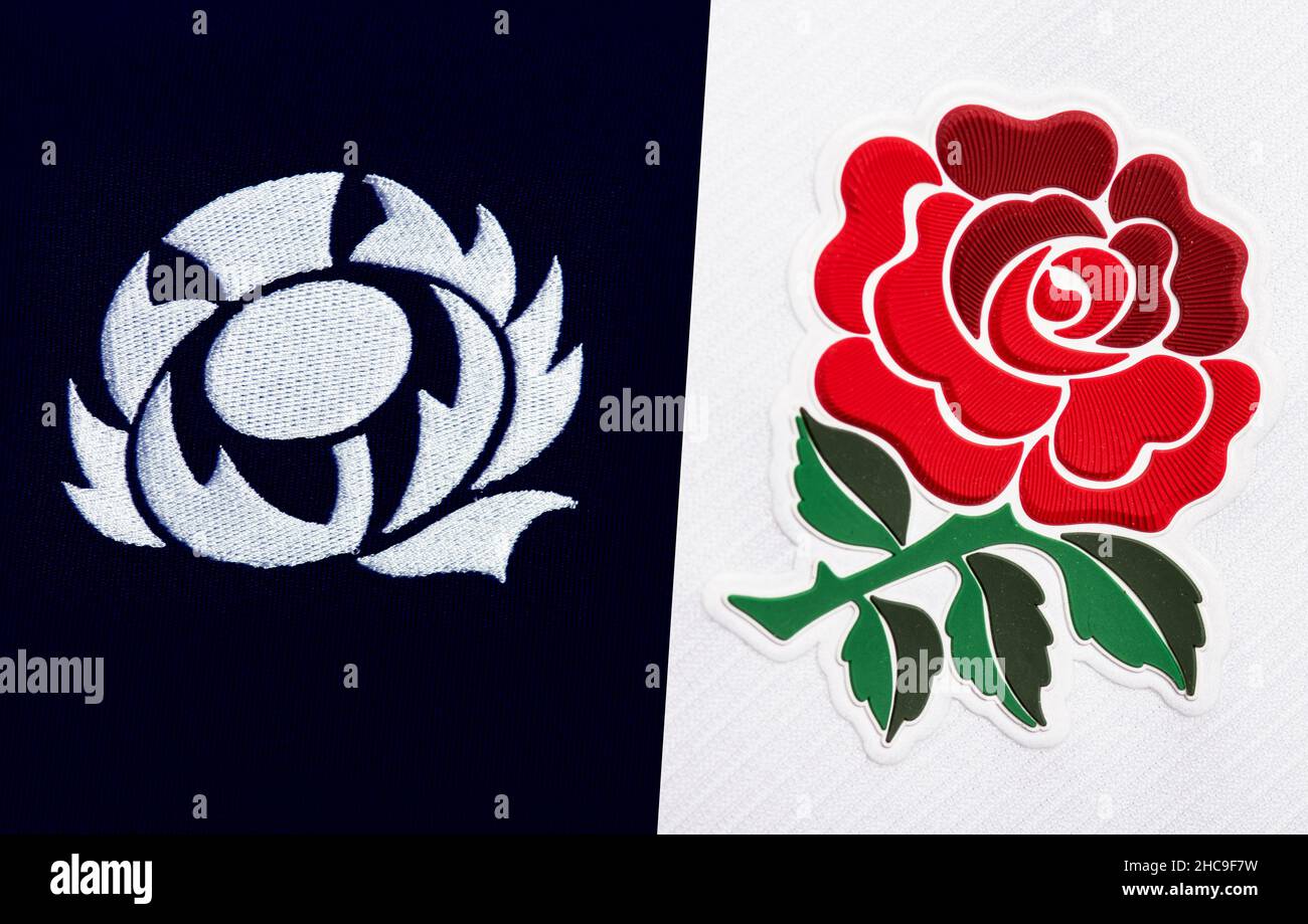 Gros plan sur le maillot de rugby de l'Angleterre et de l'Écosse Banque D'Images