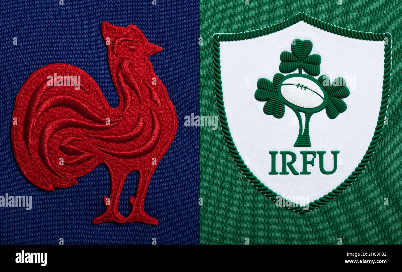 Gros plan sur le maillot de rugby de France et d'Irlande Banque D'Images