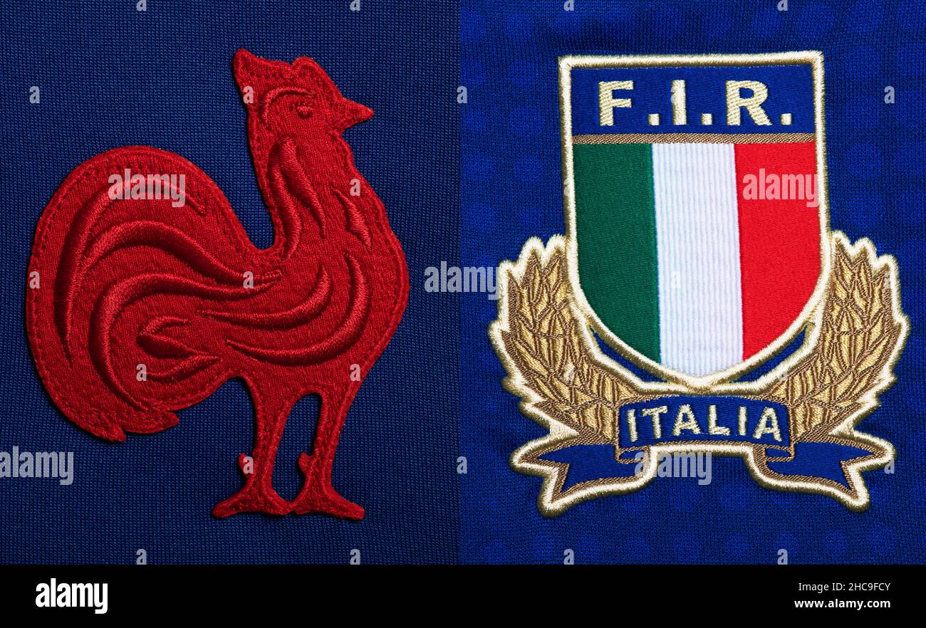 Gros plan sur le maillot de rugby de France et d'Italie Banque D'Images