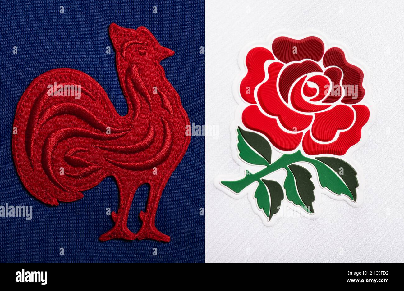 Gros plan sur le maillot de rugby de l'Angleterre et de la France Banque D'Images