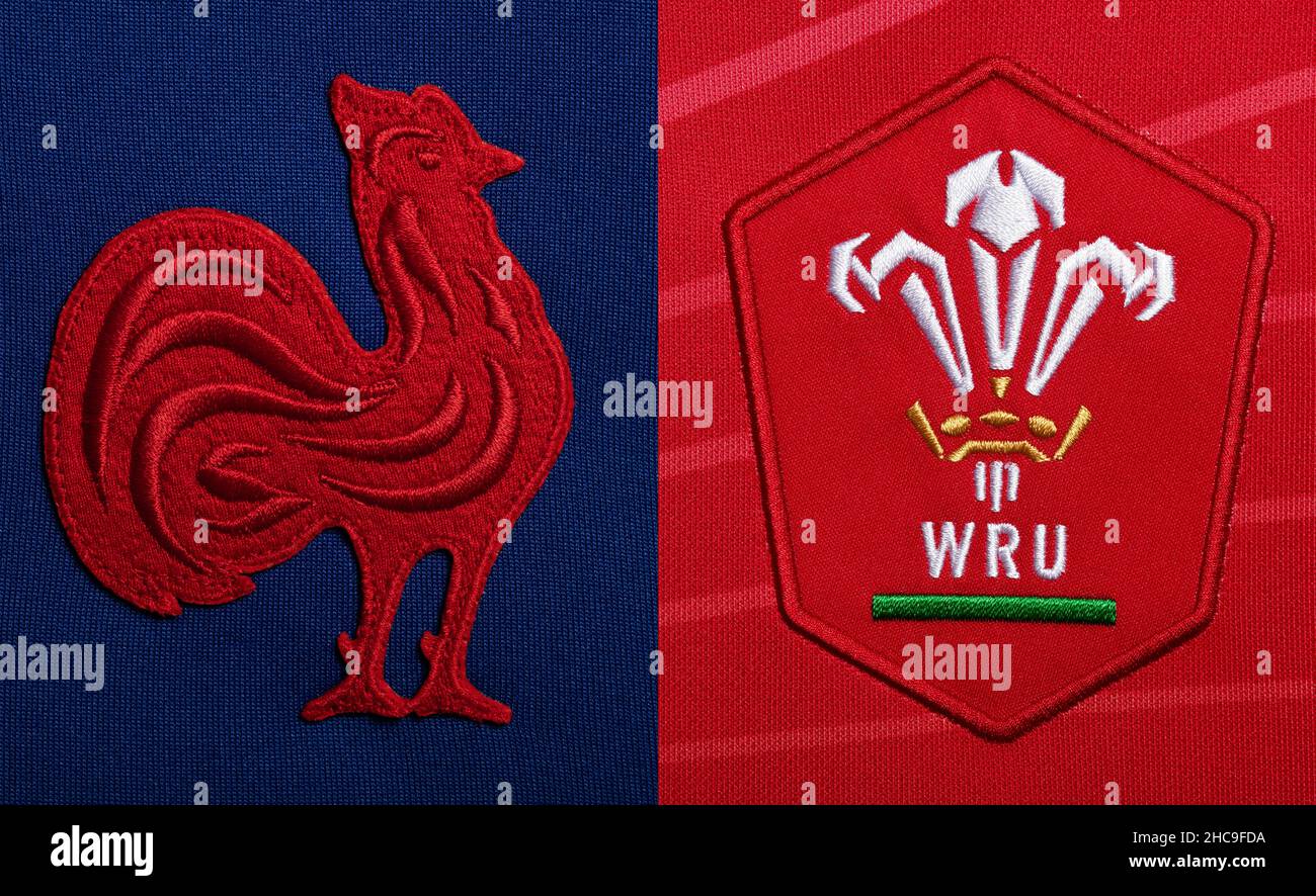 Gros plan sur le maillot de rugby de France et de pays de Galles Banque D'Images