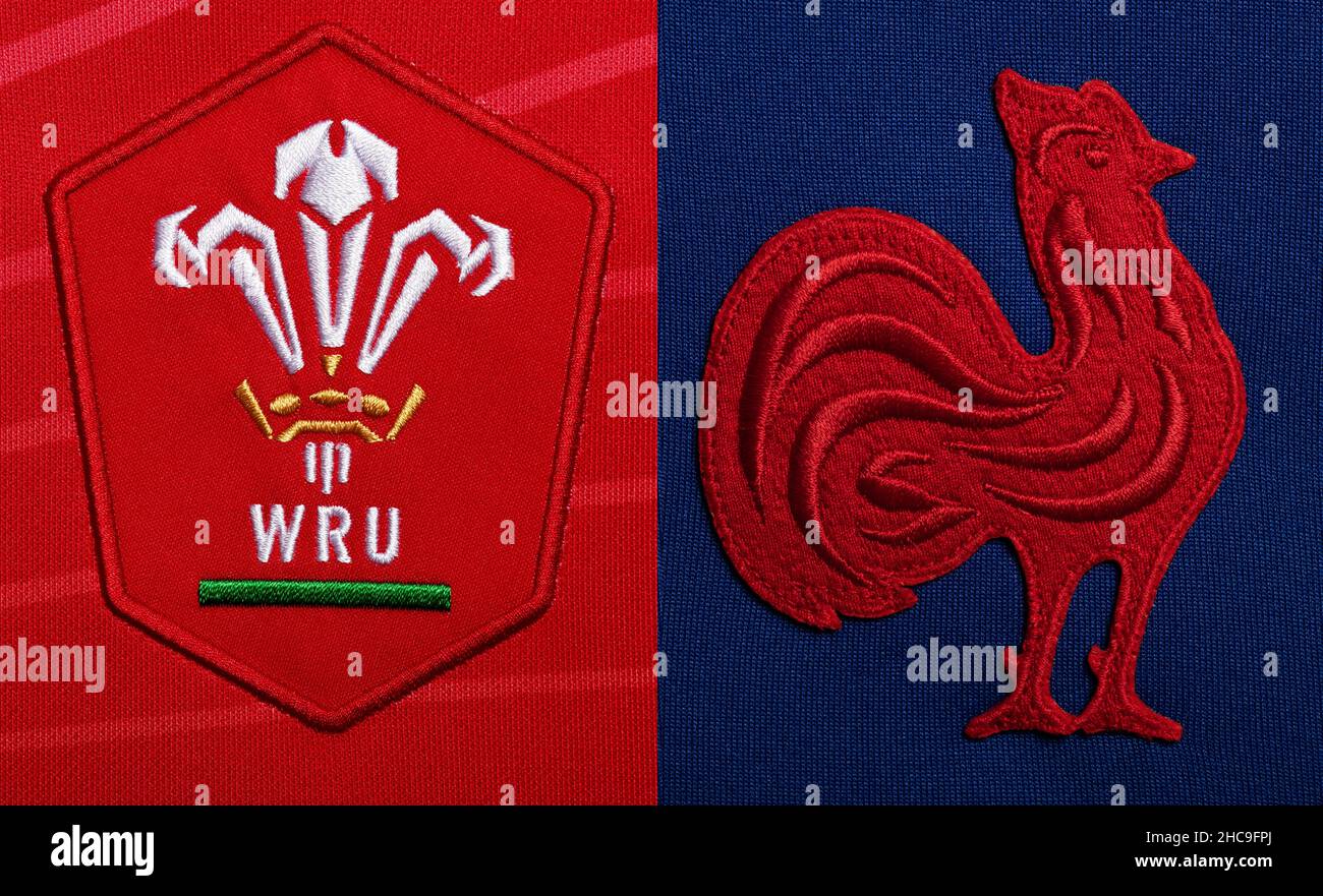 Gros plan sur le maillot de rugby de France et de pays de Galles Banque D'Images