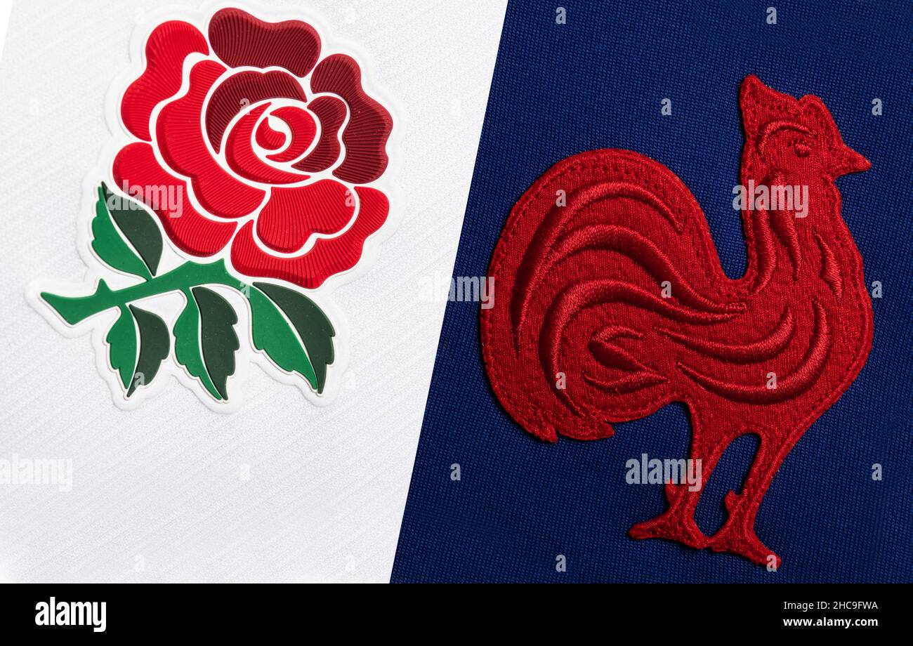 Gros plan sur le maillot de rugby de l'Angleterre et de la France Banque D'Images