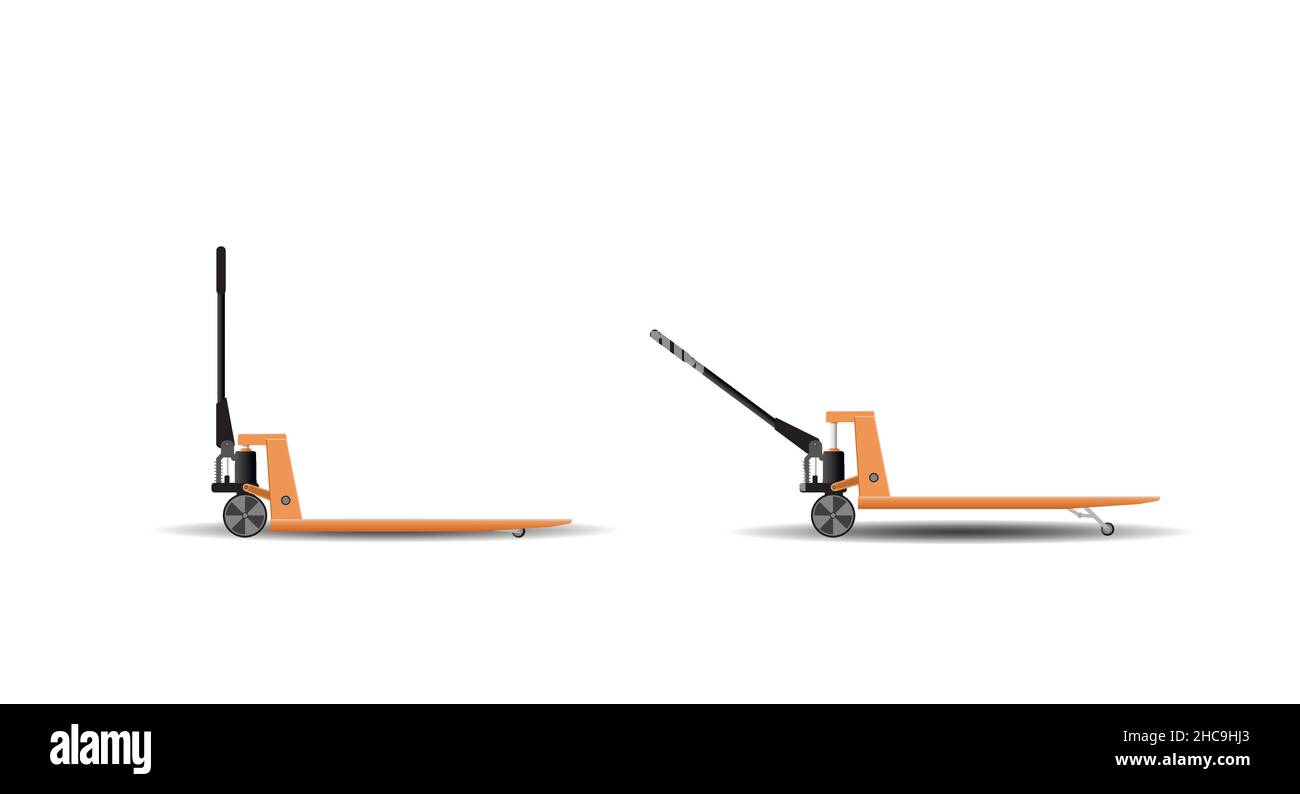 Ensemble d'images vectorielles de vérins pour déplacer des palettes en position abaissée et relevée.Illustration vectorielle plate Illustration de Vecteur