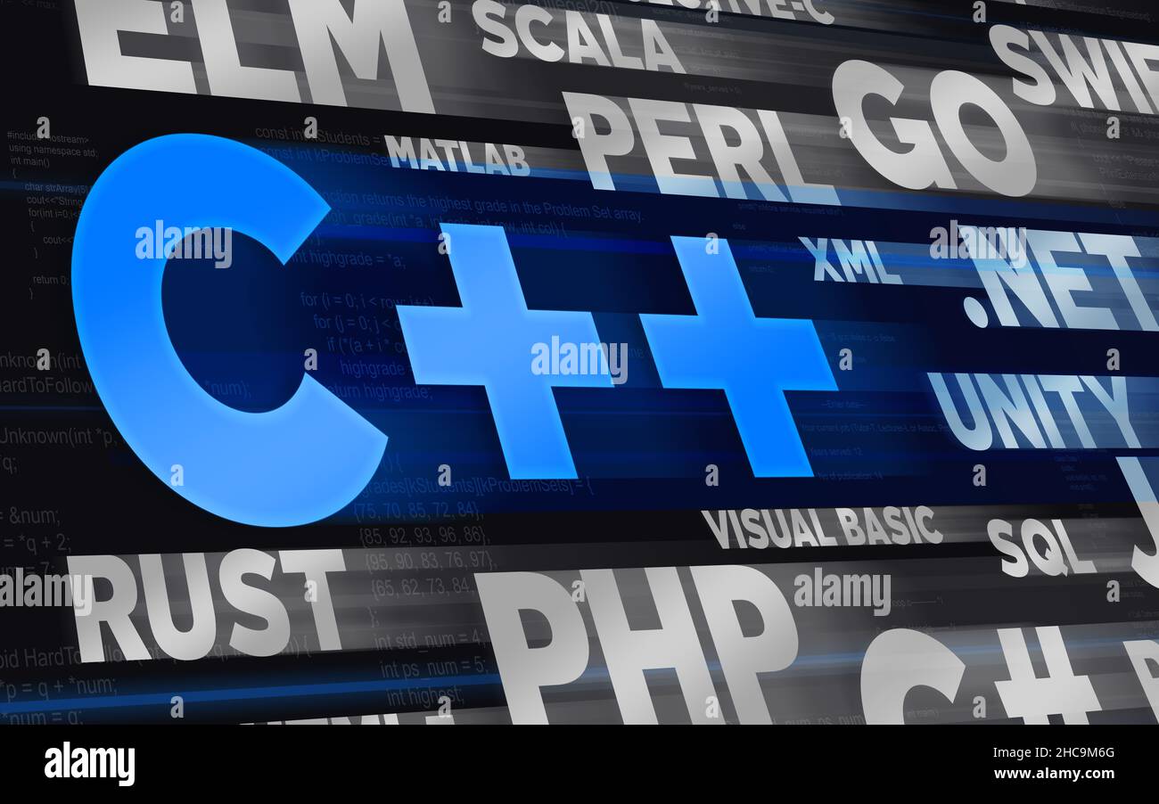 Un thème abstrait et coloré avec des phrases provenant de différents langages de programmation et C plus titre à l'avant Banque D'Images
