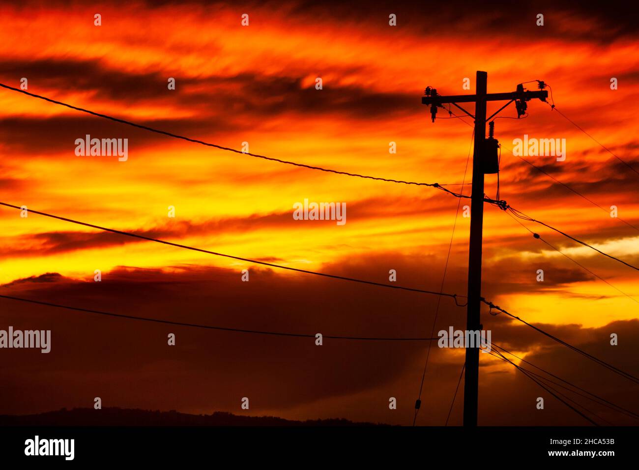 Lignes de transmission de puissance au coucher du soleil Banque D'Images