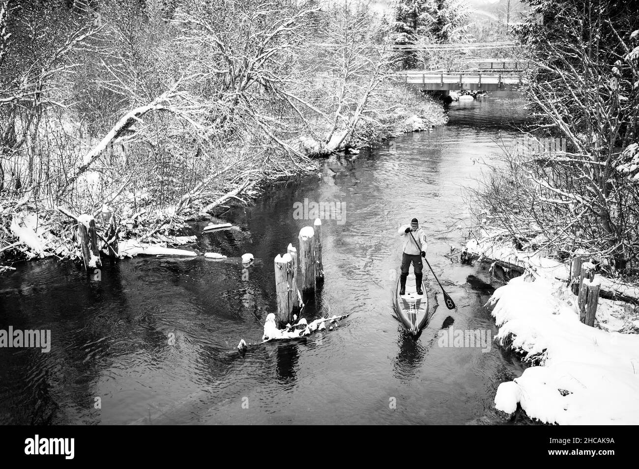 Une paddle-boarder remonte une rivière canadienne pendant une tempête de neige.Whistler, C.-B., Canada. Banque D'Images