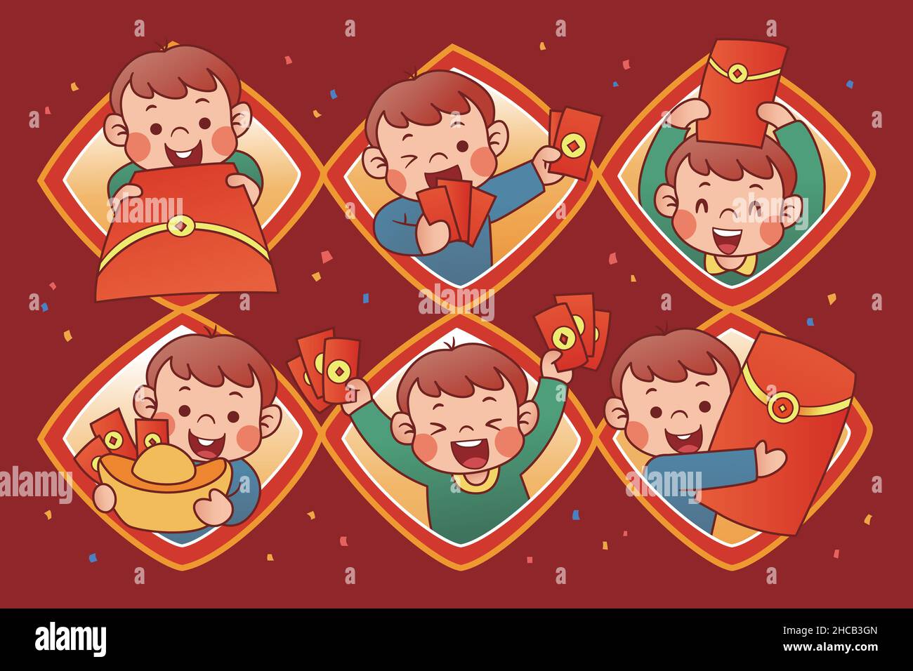Jeu d'icônes pour garçons et enveloppes rouges.Illustration de caractère d'un enfant mâle recevant des paquets rouges et agissant avec bonheur avec différentes manières d'expressions Illustration de Vecteur