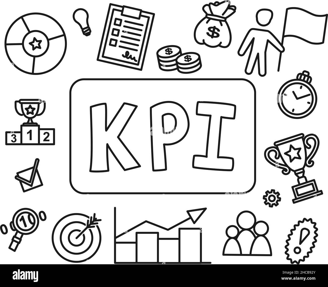 Affiche kpi noir et blanc sur les dessins au trait.Concept des indicateurs clés de performance.Illustration vectorielle pour l'icône, la brochure, le site Web ou le décor de l'application. Illustration de Vecteur