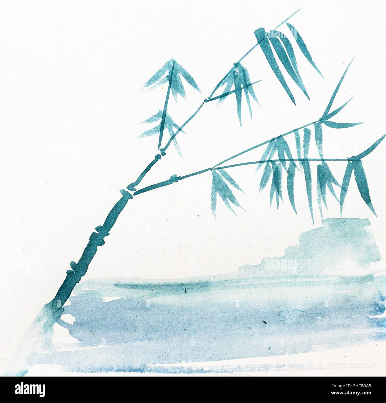 croquis de canne sur la côte de mer dessiné à la main par aquarelle sur papier blanc texturé en technique sumi-e. Banque D'Images