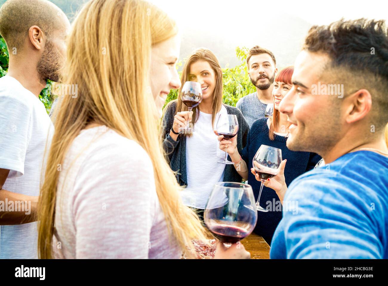 Des amis heureux s'amuser et boire du vin - concept d'amitié avec les jeunes qui apprécient le temps de récolte ensemble dans la campagne viticole de la ferme Banque D'Images