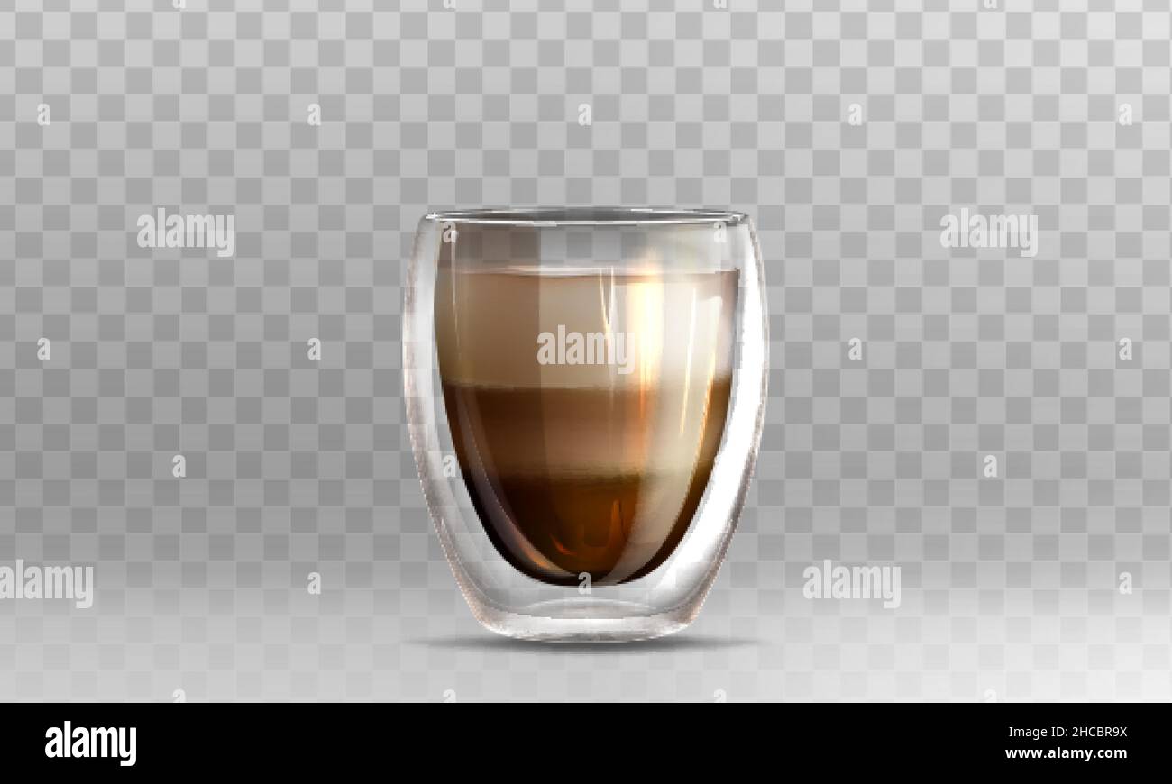 Illustration vectorielle réaliste du café latte dans une tasse en verre avec double paroi sur fond transparent.Cappuccino boisson chaude avec mousse de lait.Modèle de maquette pour le marquage ou la conception de produits. Illustration de Vecteur
