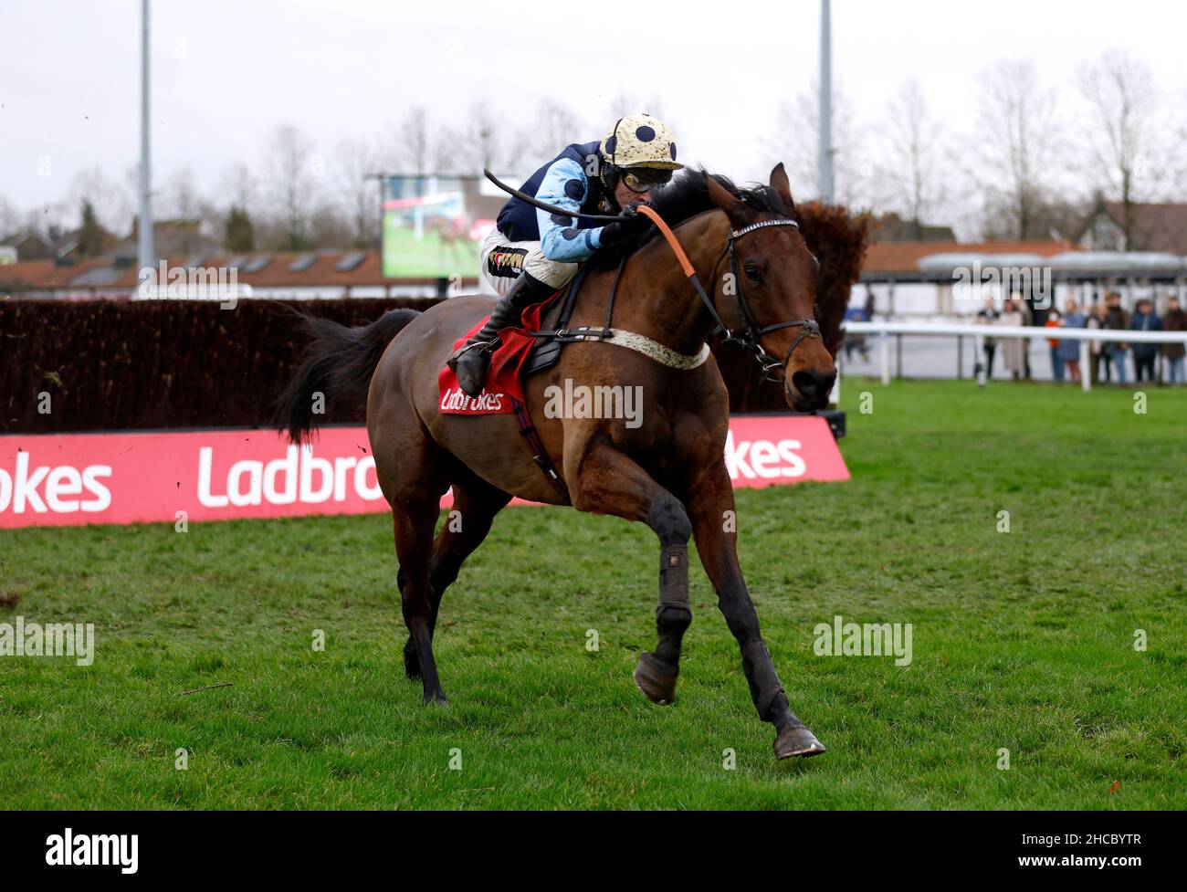 Edwardstone est monté par le jockey Tom Cannon sur le chemin de gagner le Ladbrokes wayward Lad novices' Chase (Grade 2) pendant le Desert Orchid Chase Day du Ladbrokes Christmas Festival à Kempton Park.Date de la photo: Lundi 27 décembre 2021. Banque D'Images